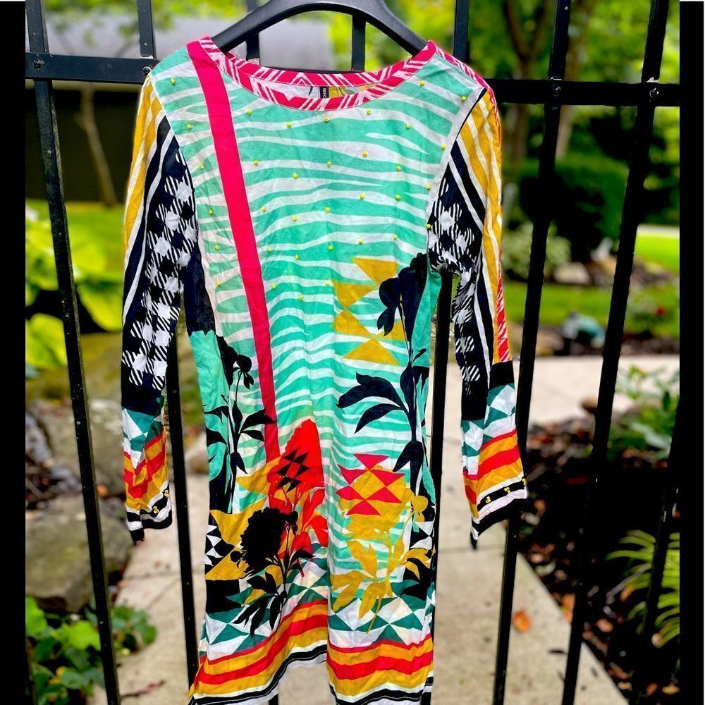 BEECHTREE beaded floral/graphic print dress